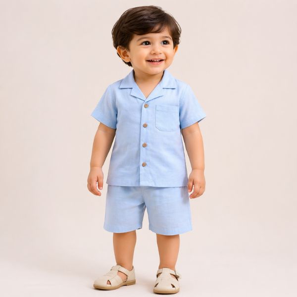 Toddler Boys Sky Blue Linen Nikar Shirt Set - Classic 2-Piece Summer Suit