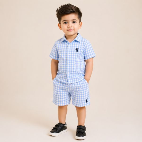Toddler Boys Blue Gingham Check Nikar Shirt Set - 2-Piece Cotton Summer Outfit