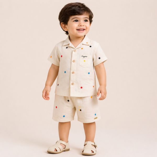 Toddler Boys Star Print Linen Nikar Shirt Set - Premium 2-Piece Summer Outfit