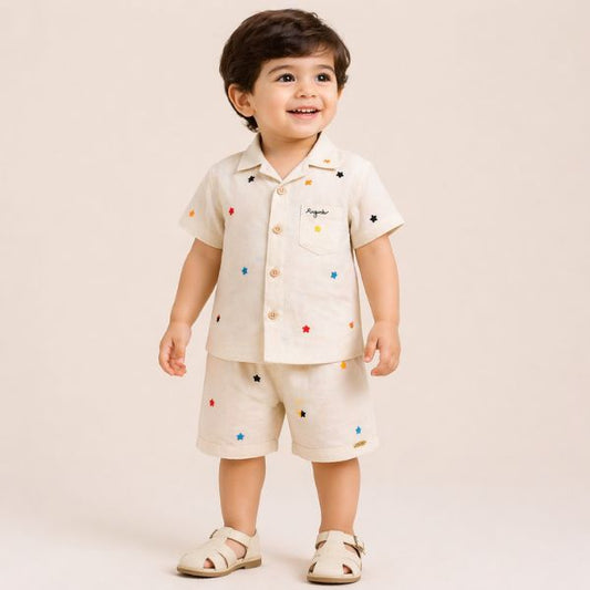 Toddler Boys Star Print Linen Nikar Shirt Set - Premium 2-Piece Summer Outfit